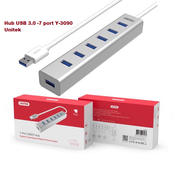 Hub USB 3.0 7 Ports Unitek Y-3090 - Bộ chia USB 3.0 1-7 cổng có nguồn ngoài
