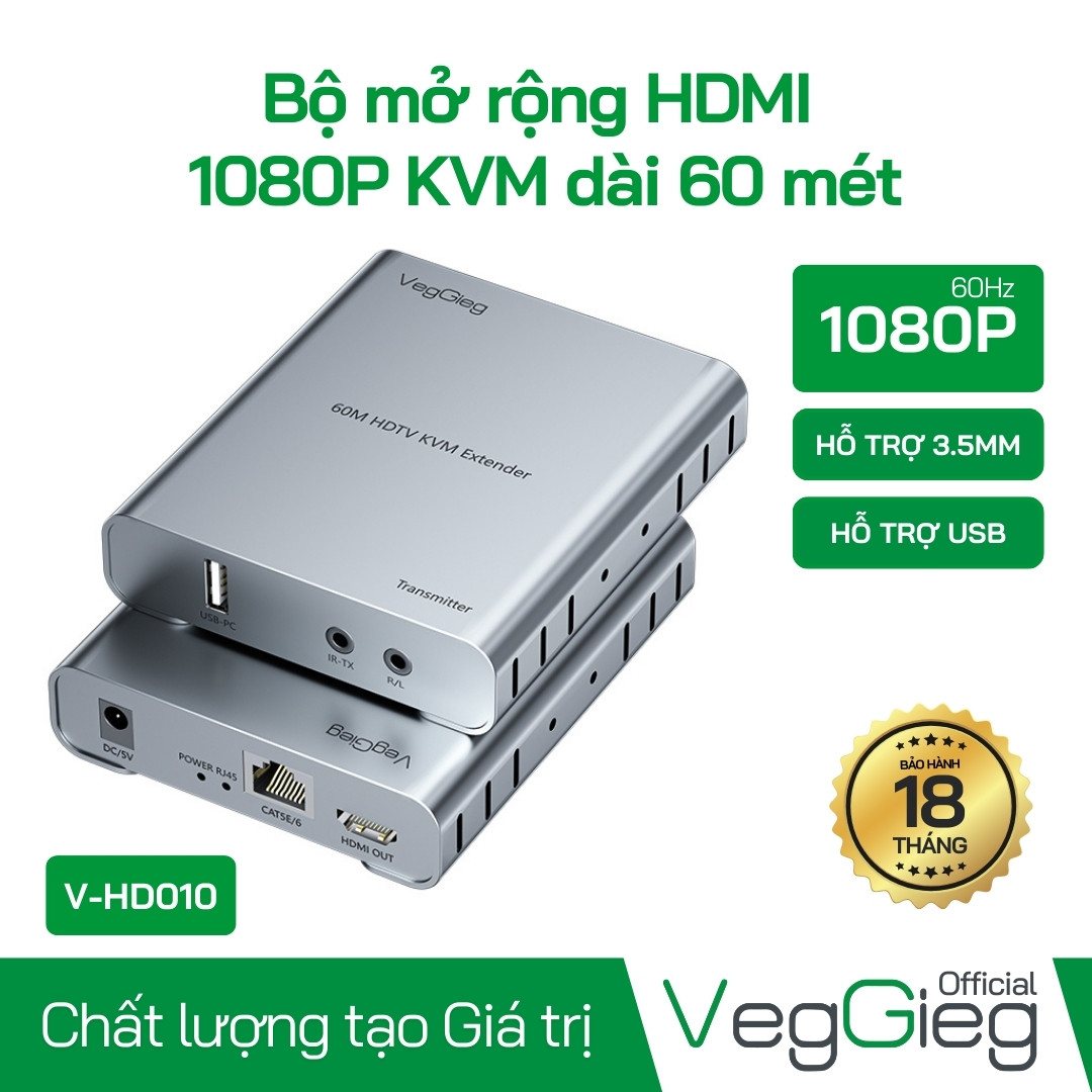 Bộ khuếch đại HDMI 1080P KVM VegGieg model V-HD010 60 Mét, hỗ trợ USB và âm thanh 