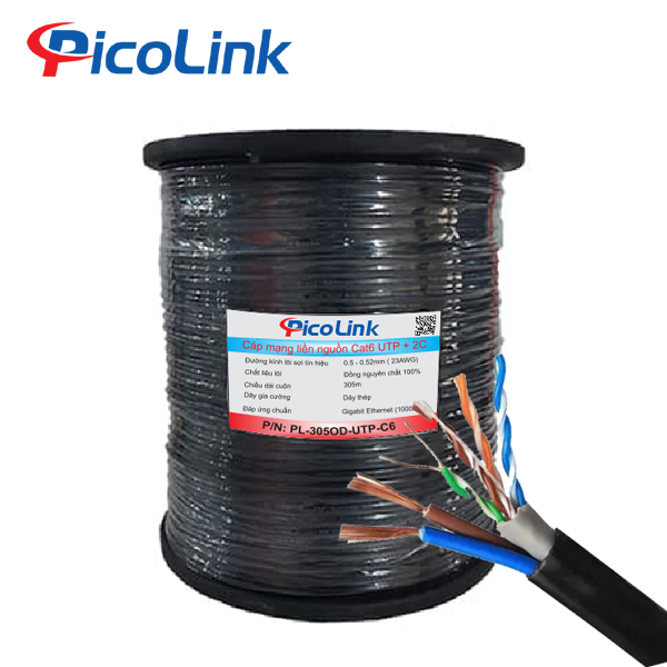 Cáp mạng CAT6 UTP liền nguồn PicoLink PL-305LN-UTP-C6 dài 305m, lõi đồng 23AWG, tích hợp 2 dây nguồn 