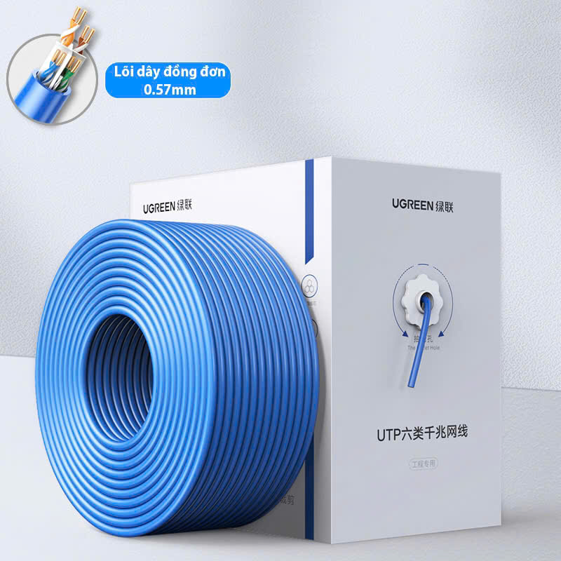 Dây cáp mạng Cat6 UTP 23Awg chính hãng Ugreen 11259 305M Màu Xanh 