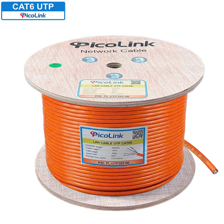 Dây mạng, cáp mạng Cat6E UTP lõi đồng chuẩn 23awg, cuộn 305m lô gỗ hãng PicoLink P/N: PL-UTP305-6E,  màu cam