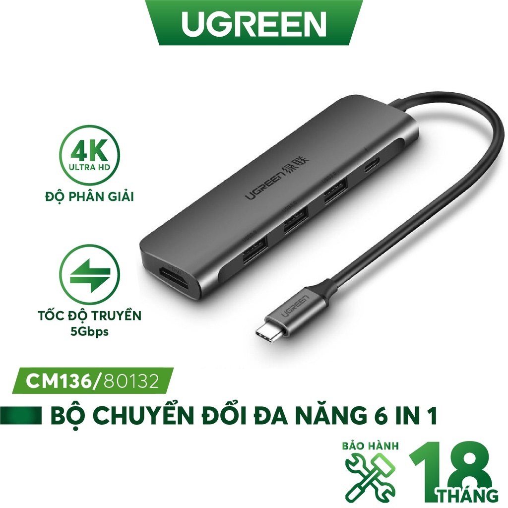 Ugreen 80132 - Bộ chuyển đổi đa năng USB-C sang HDMI, USB 3.0, AUX3.5mm+PD 6 IN 1