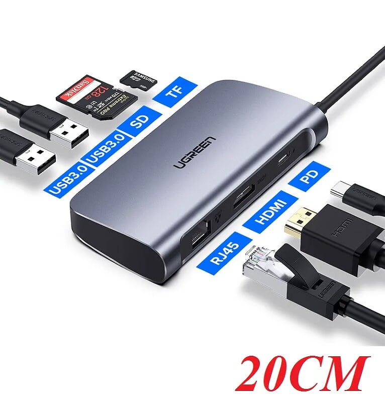 Bộ chuyển đa năng Ugreen 50852 USB-C sang 2xUSB3.0+HDMI 4K30HZ+RJ45 Gigabit +SD+TF+PD 7 IN 1