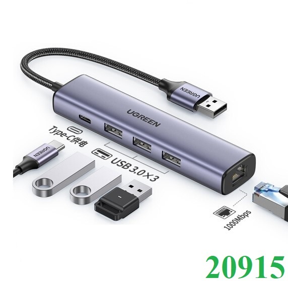 Bộ Hub chia USB 3.0 ra 3 cổng USB 3.0 + Lan Gigabit 1000Mbps Ugreen 20915