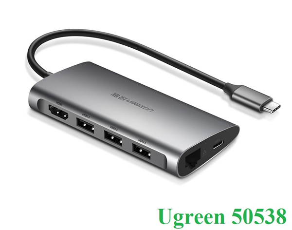 Bộ chuyển đa năng Ugreen 50538 USB-C sang x3 USB3.0+  RJ45 1000gbps Gigabit  8 IN 1