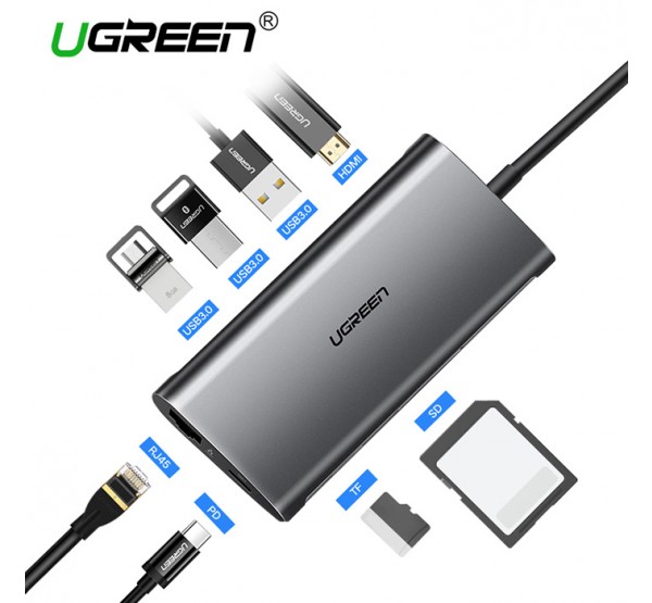Bộ chuyển đa năng Ugreen 50538 USB-C sang x3 USB3.0+  RJ45 1000gbps Gigabit  8 IN 1