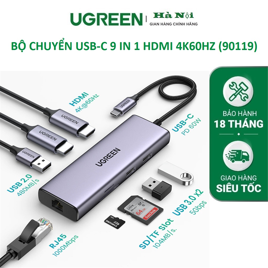 Bộ chuyển đổi Ugreen 90119 USB-C sang 2 HDMI 4K60HZ 9 in 1 đa chức năng