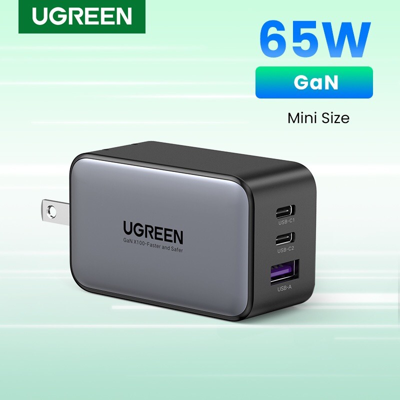 Củ sạc nhanh Ugreen GaN 65W 2C1A hai cổng sạc nhanh cho iPhone, Samsung, Xiaomi