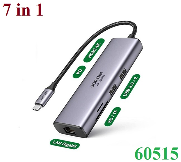Bộ chia đầu Type C 7 in 1 - USB Type-C ra HDMI 4K60hz/USB/LAN/PD/SD/TF Ugreen 60515 cao cấp