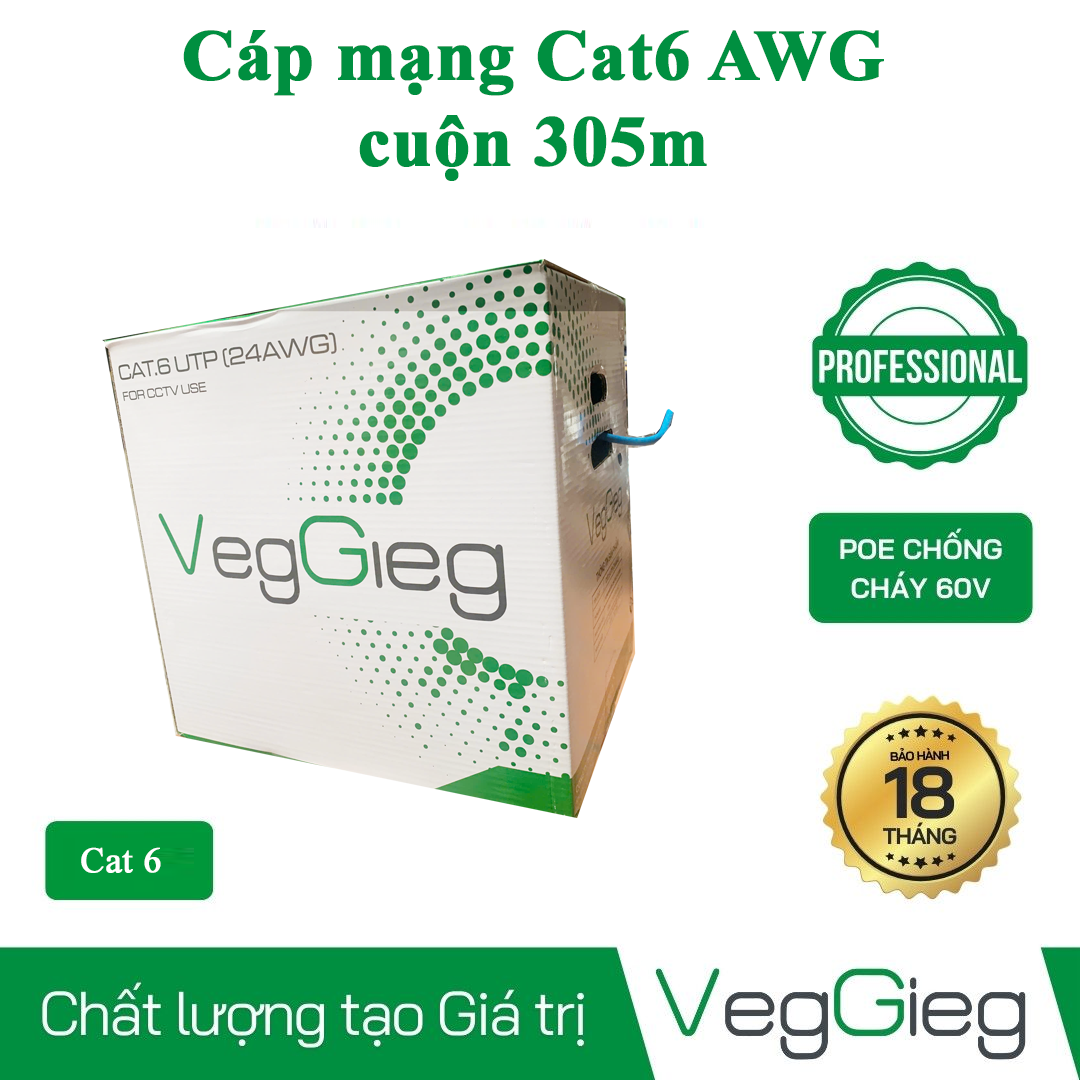 Cáp mạng Cat6 AWG Veggieg cuộn 305m chuẩn tốc độ Gigabit tốc độ cao lõi đồng