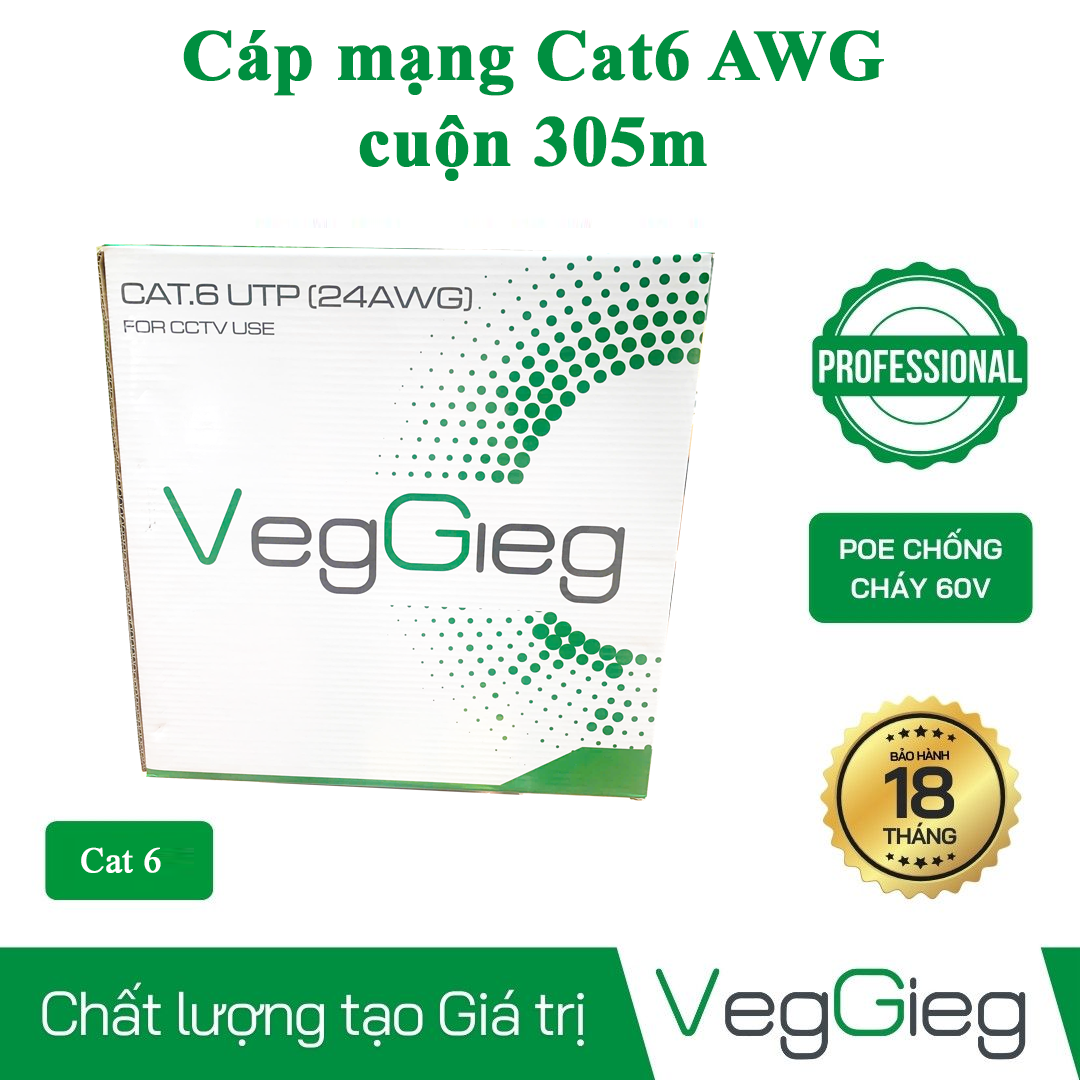 Cáp mạng Cat6 AWG Veggieg cuộn 305m chuẩn tốc độ Gigabit tốc độ cao lõi đồng