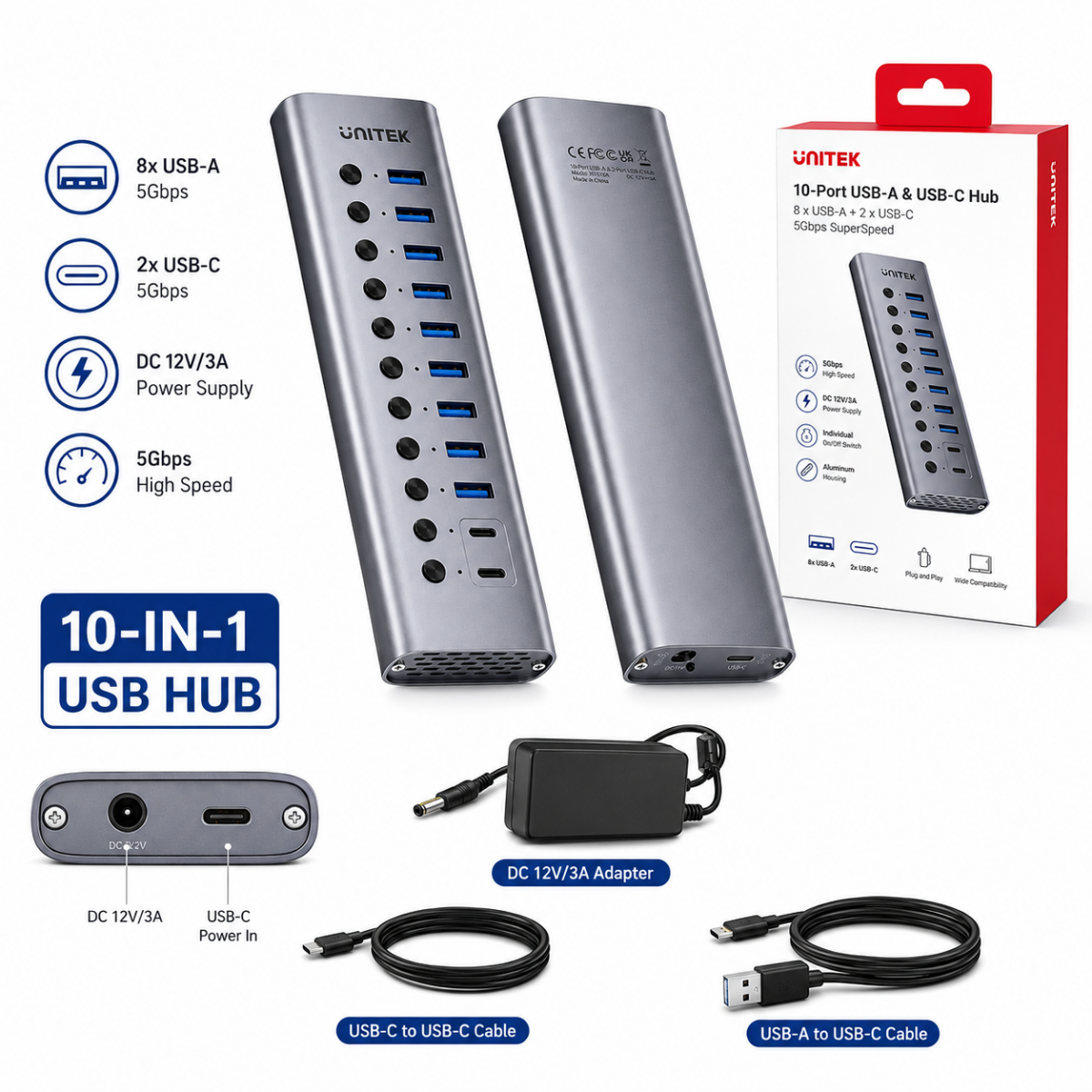Hub USB 10 Cổng Unitek H1315B01 – 8 USB-A + 2 USB-C, USB 3.0 5Gbps, Hub USB Có Nguồn 12V/3A