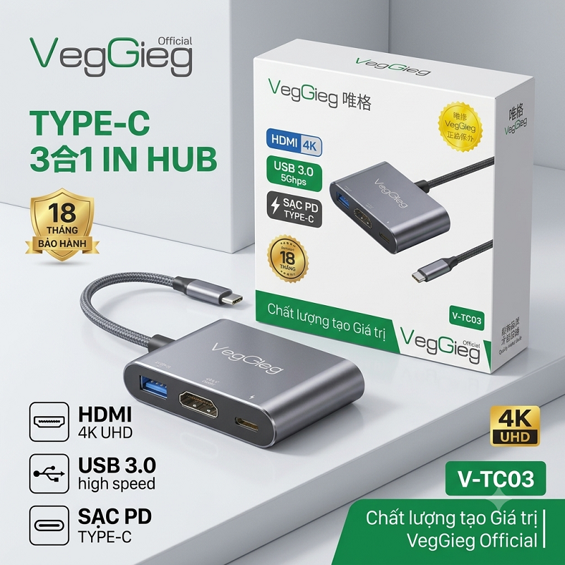 Hub Type-C 3 in 1 V-TC03, Chuyển Type-C sang HDMI, USB 3.0, PD Chính Hãng
