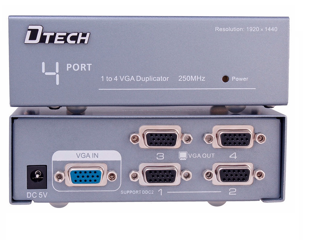 Bộ chia VGA 1 ra 4 Dtech DT -7254 chuẩn 250Mhz cho tín hiệu ổn định sắc nét .