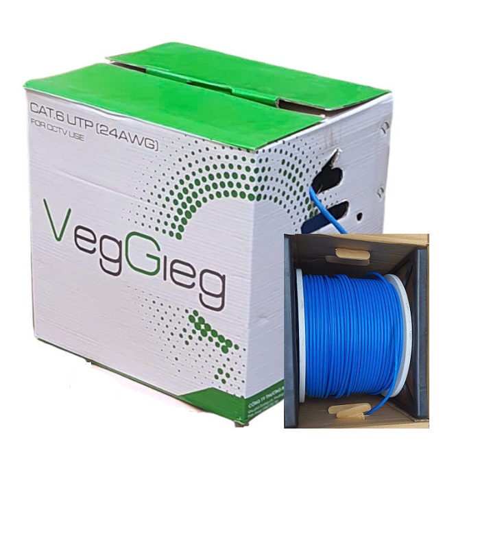 Cáp mạng Cat6 UTP 24 Awg Veggieg cuộn 305m chuẩn tốc độ Gigabit 10/100/1000 vỏ màu xanh.