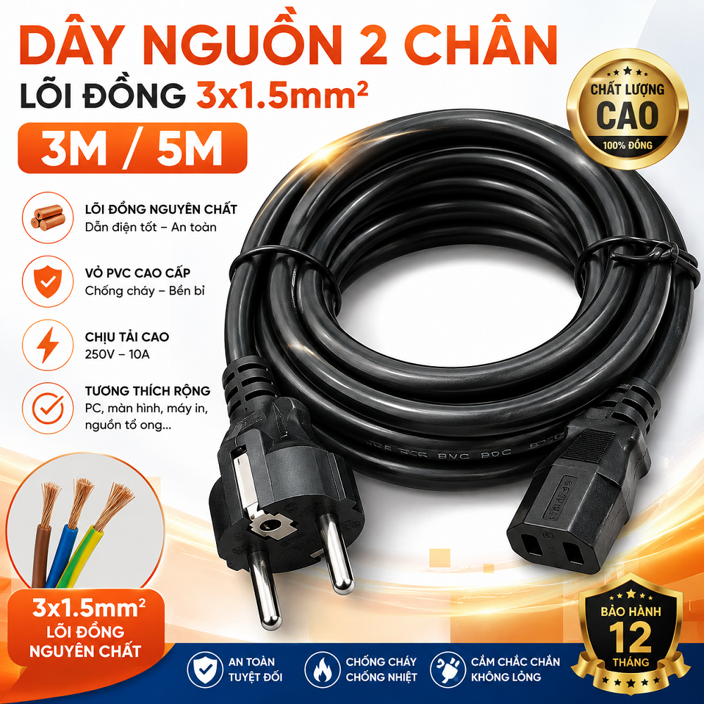 Dây nguồn 2 chân dài 5M lõi đồng nguyên chất tiết diện 3x1.5mm cong suất 16A