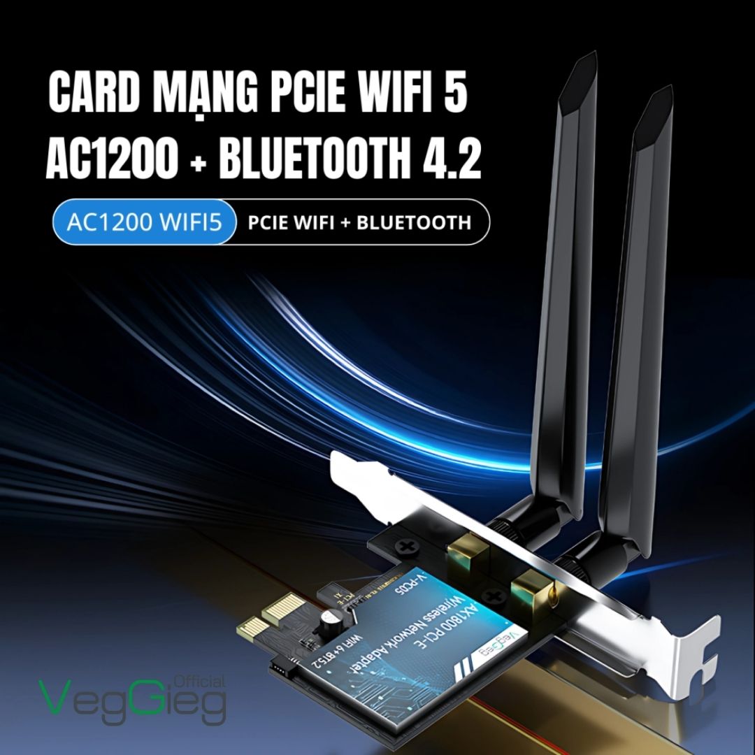 Card Chuyển Đổi PCIE AC1200 WiFi 5 + Bluetooth 4.2 Veggieg model  V-PC04 chính hãnng
