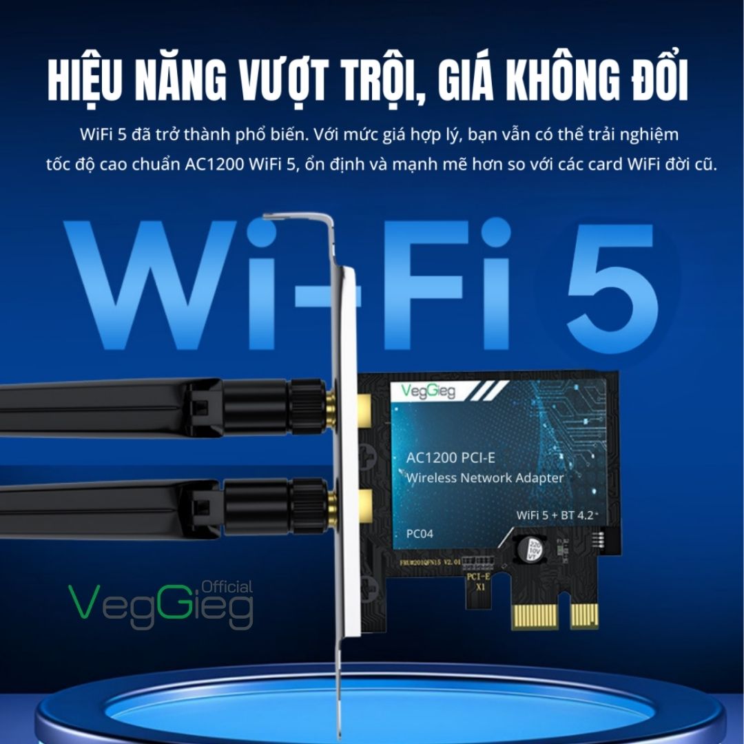 Card Chuyển Đổi PCIE AC1200 WiFi 5 + Bluetooth 4.2 Veggieg model  V-PC04 chính hãnng