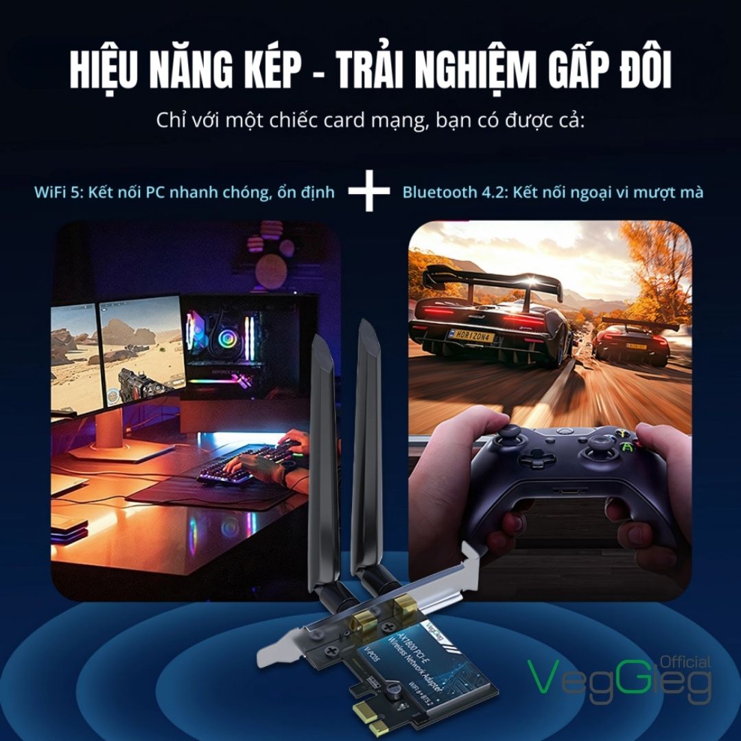 Card Chuyển Đổi PCIE AC1200 WiFi 5 + Bluetooth 4.2 Veggieg model  V-PC04 chính hãnng