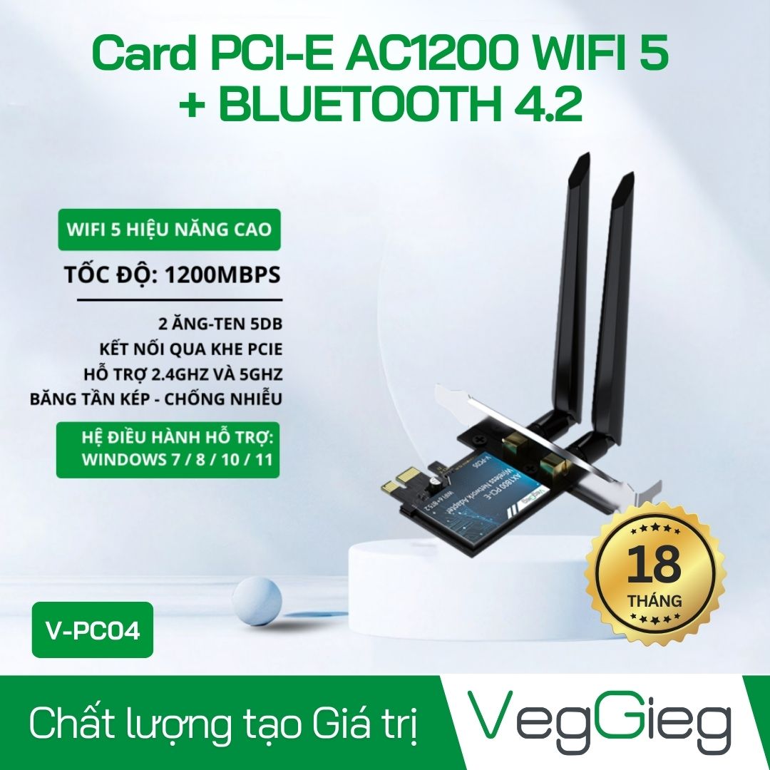 Bộ Chuyển Đổi PCIe AC1200 WiFi 5 + Bluetooth 4.2 V-PC04 Chính Hãng