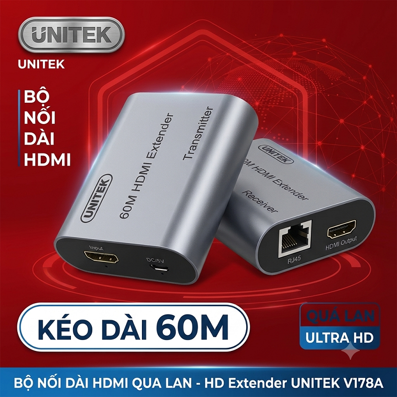 Bộ nối dài HDMI sang LAN 60m HD Extender UNITEK V178A chính hãng