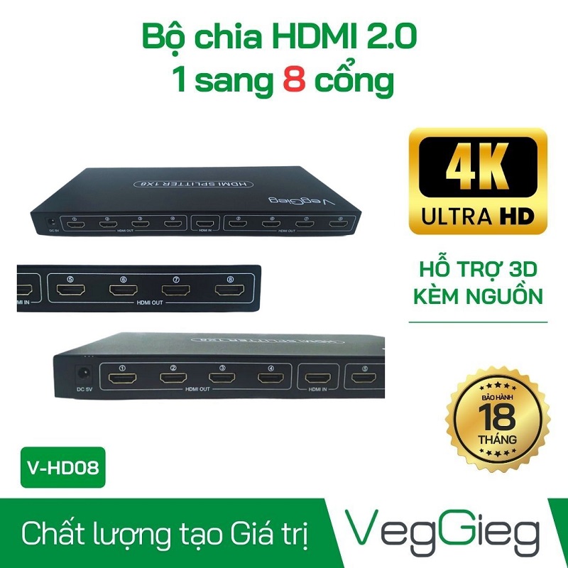 Bộ Chia HDMI 1 Ra 8 Veggieg V-HD08 chuẩn HD 4K x 2K Chính Hãng
