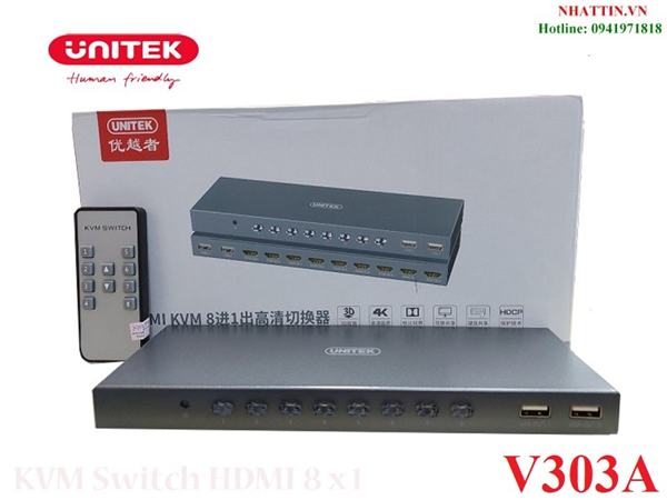 Bộ chuyển mạch KVM 8-1 cổng HDMI 2.0 hỗ trợ 4K@60Hz Unitek V303A  chính hãng