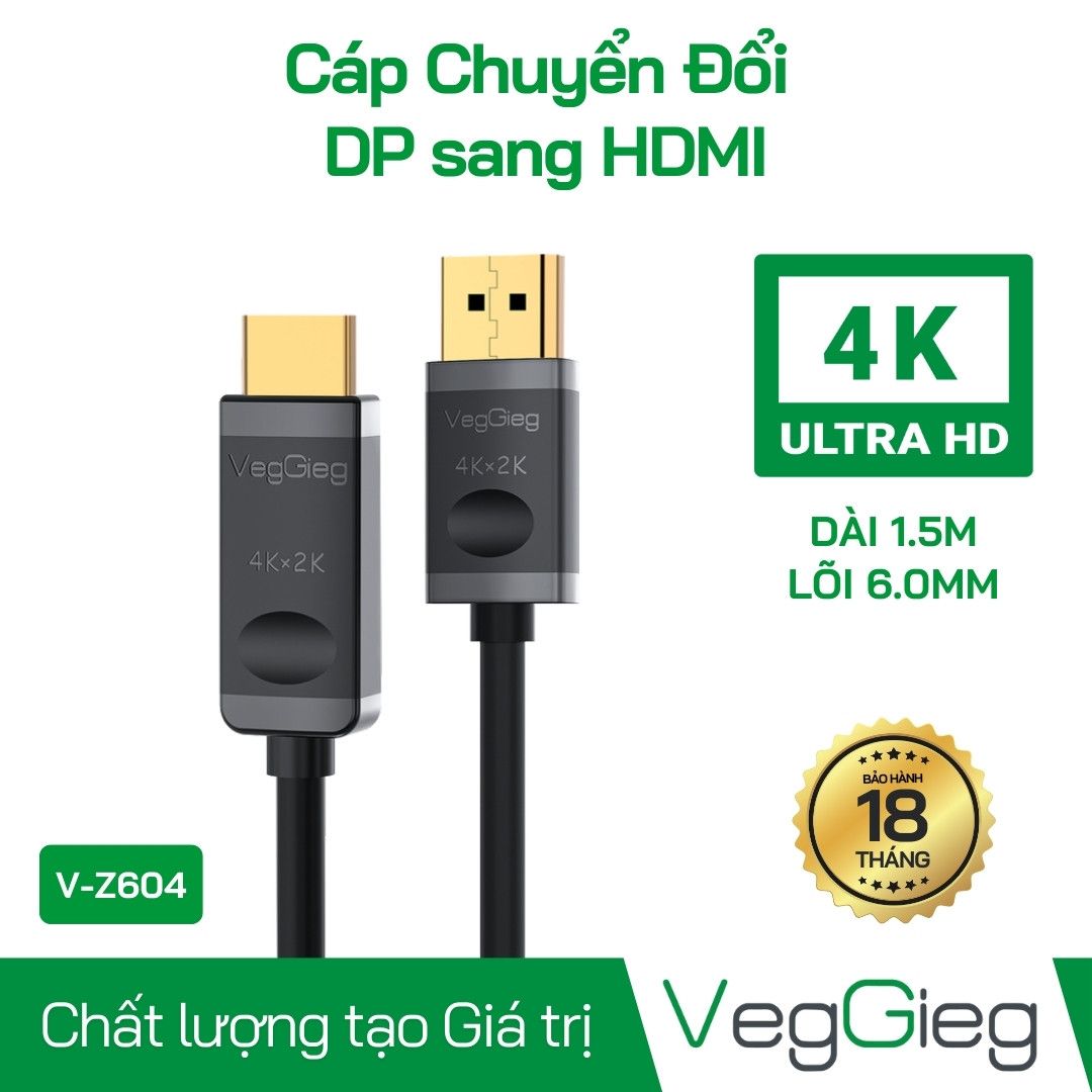 Cáp Chuyển Đổi DP Sang HDMI 4K VegGieg V-Z604 Chính Hãng – Hỗ Trợ 4K@60Hz, Truyền Hình Ảnh Sắc Nét, Tương Thích Laptop/PC/TV