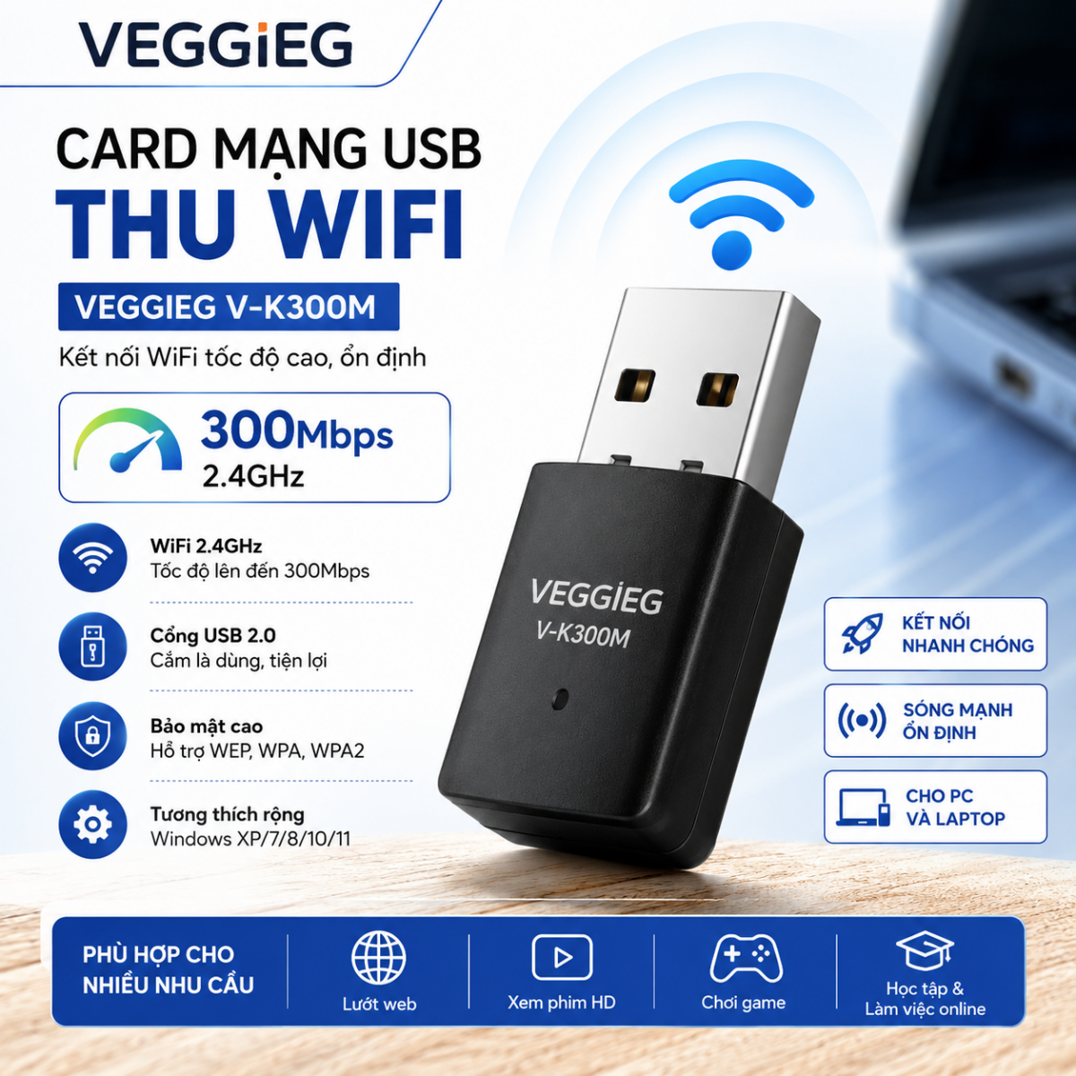Card mạng USB thu tín hiệu WIFI Veggieg 2.4G 300Mbps V-K300M tốc độ cao Card mạng USB thu tín hiệu WIFI Veggieg 2.4G 300Mbps V-K300M tốc độ cao