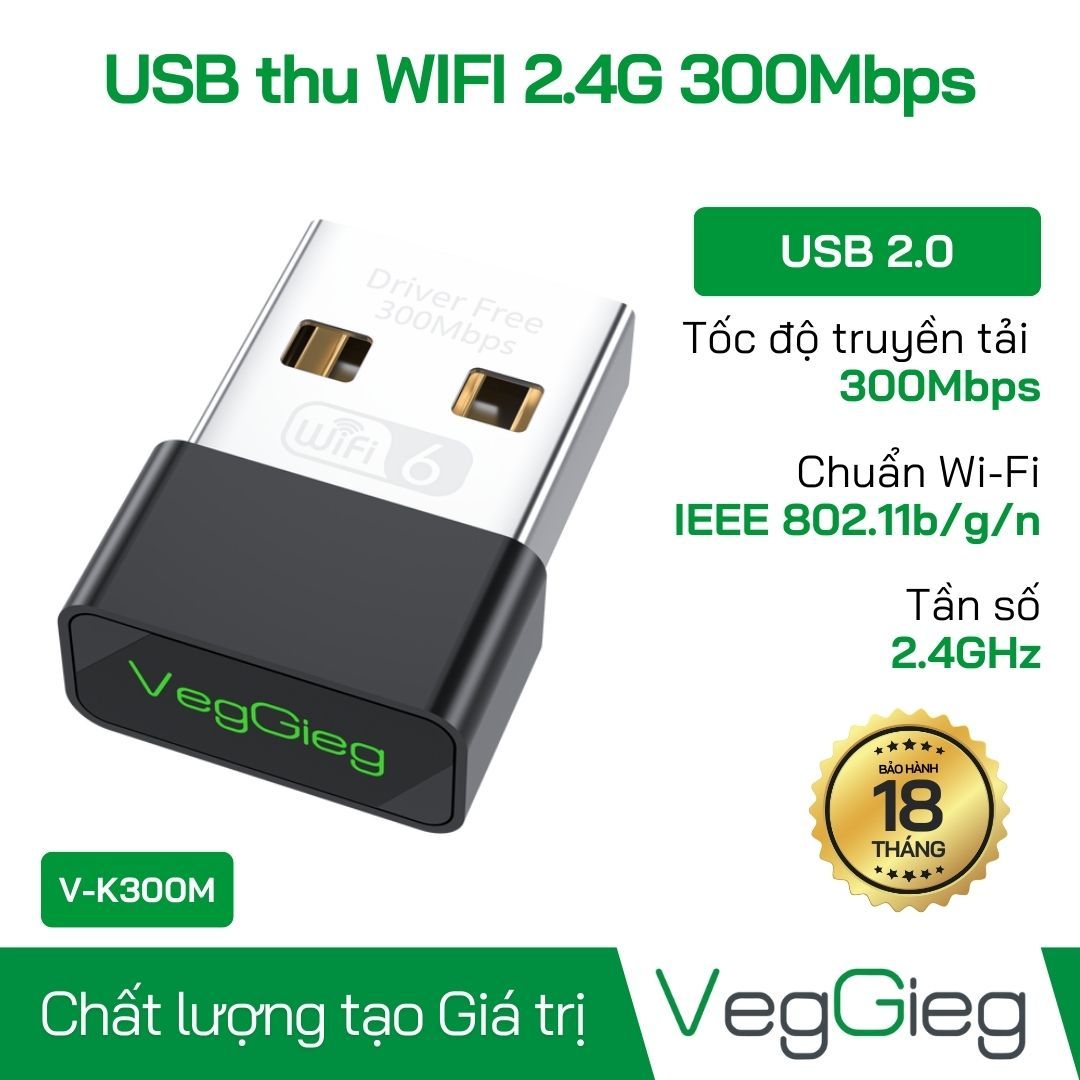 Card mạng USB thu tín hiệu WIFI Veggieg 2.4G 300Mbps V-K300M tốc độ cao