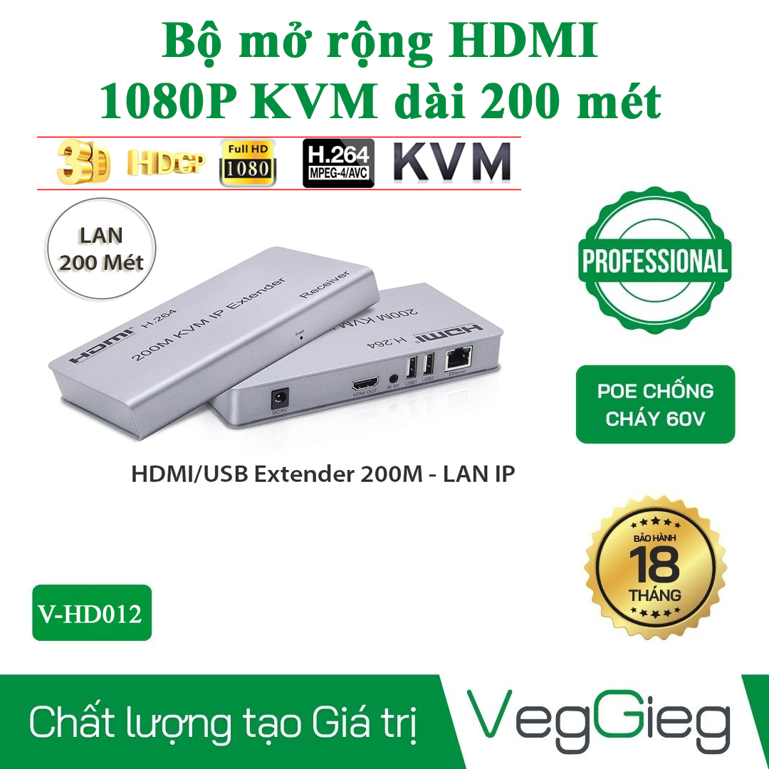 Bộ Khếch Đại Mở Rộng Tín Hiệu HDMI Qua Lan KVM 200 Mét V-HD012 Veggieg 1080p 60Hz Hàng Chính Hãng