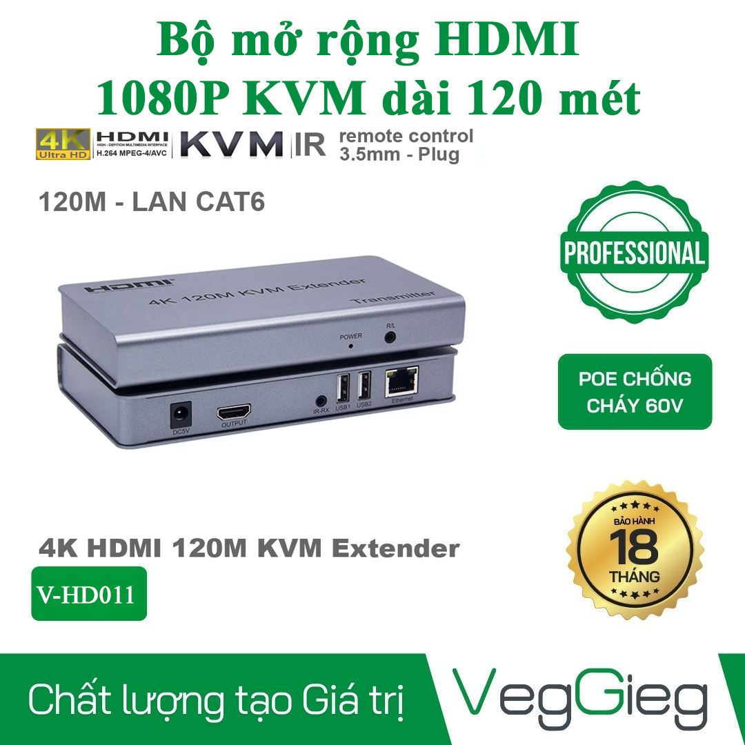 Bộ kéo dài HDMI 120m KVM có 2 cổng USB hỗ trợ 4K Veggieg V-HD011 chính hãng