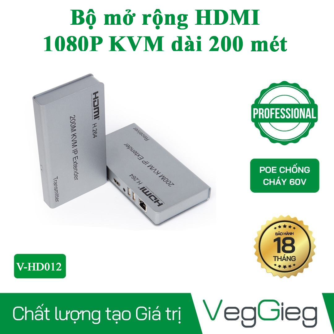 Bộ Khếch Đại Mở Rộng Tín Hiệu HDMI Qua Lan KVM 200 Mét V-HD012 Veggieg 1080p 60Hz Hàng Chính Hãng