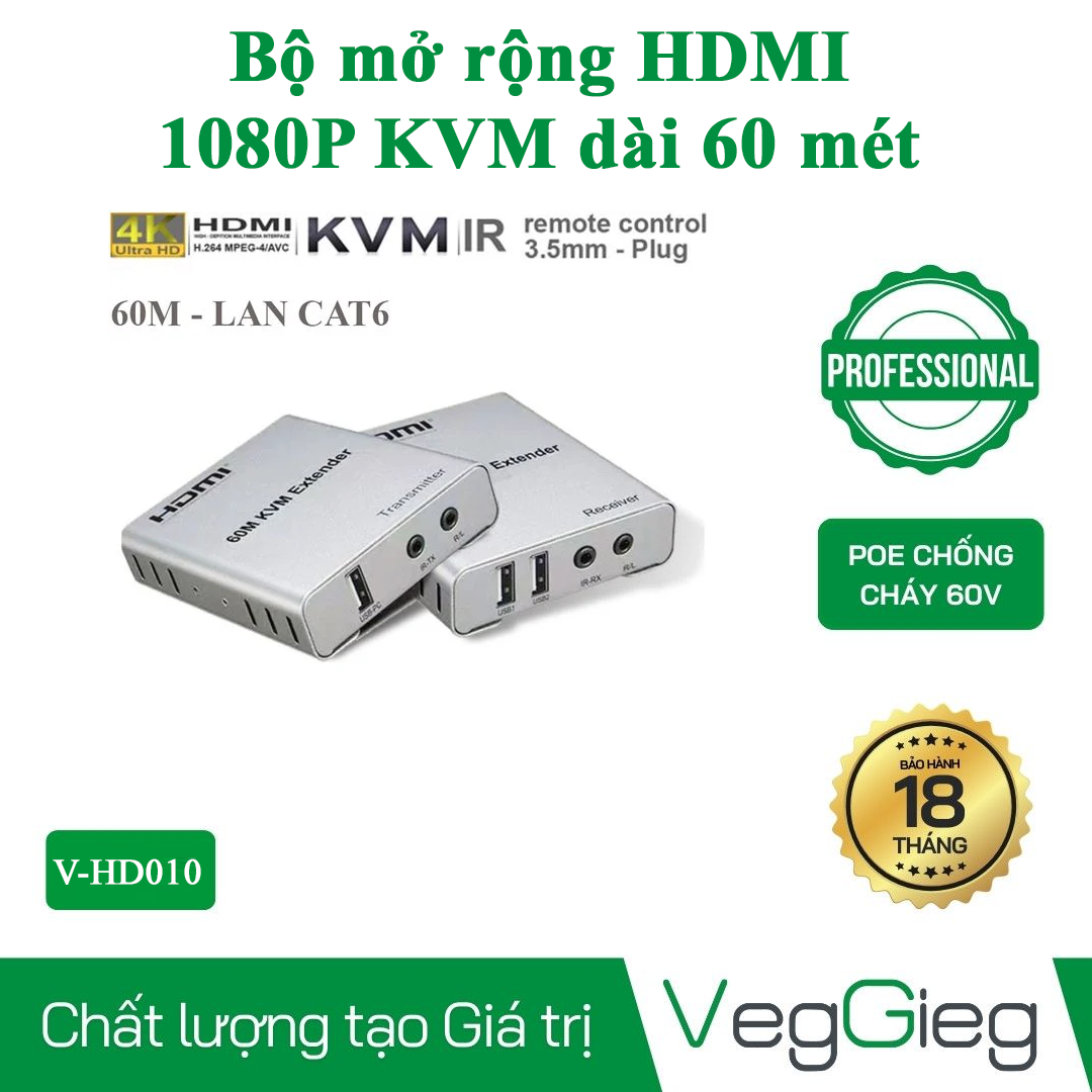 Bộ Khuếch đại HDMI qua lan 60M KVM Veggieg V-HD010 chuẩn 1080P 30Hz chính hãng