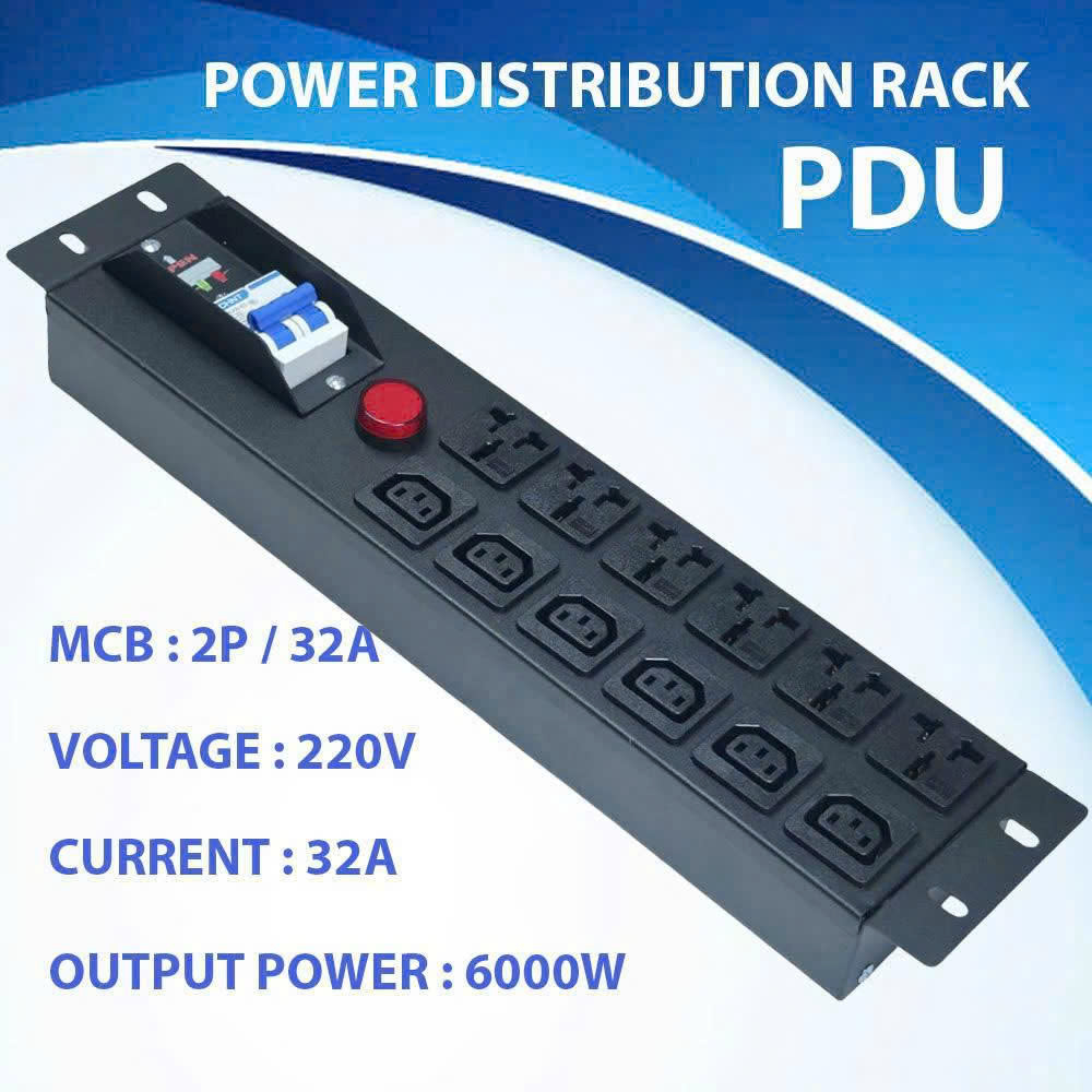 Thanh Nguồn Đa Năng 12 Ổ 6 C13 + 6 3 Chân - 2P/32A, 6000W - Có Aptomat & Đèn Báo