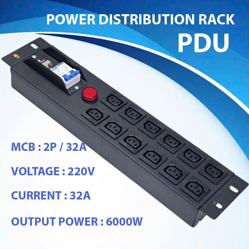 Thanh Nguồn 12 Ổ Cắm C13 2 Hàng - 2P/32A, 6000W - Có Aptomat & Đèn Cảnh Báo An Toàn